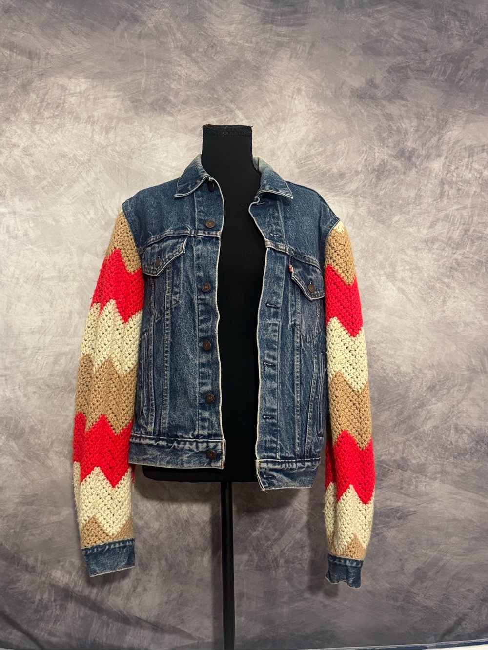 Levi's Blue Denim Jacket with Red, Cream & Tan Chevron Sleeves